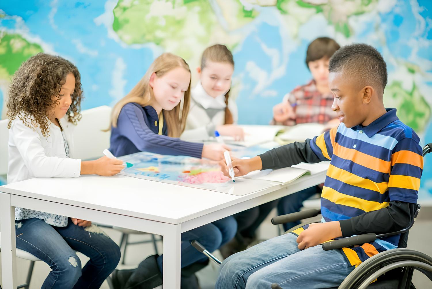 A group of students in an inclusive classroom work on a project around a table.