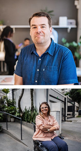 UC Online students, an older male and an older woman in a wheelchair.