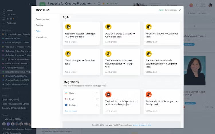Asana's project management interface showing agile automation rules for team task management