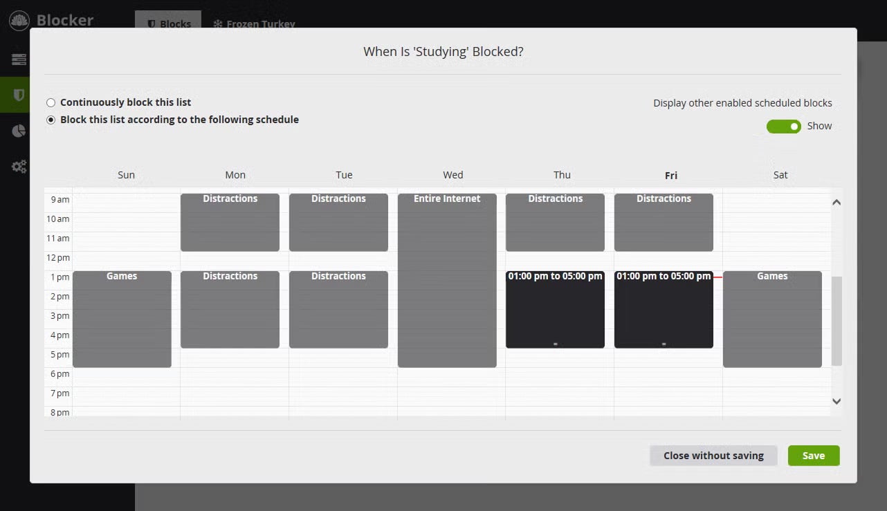 The Cold Turkey website blocker app displays a weekly schedule blocking distracting websites during study time