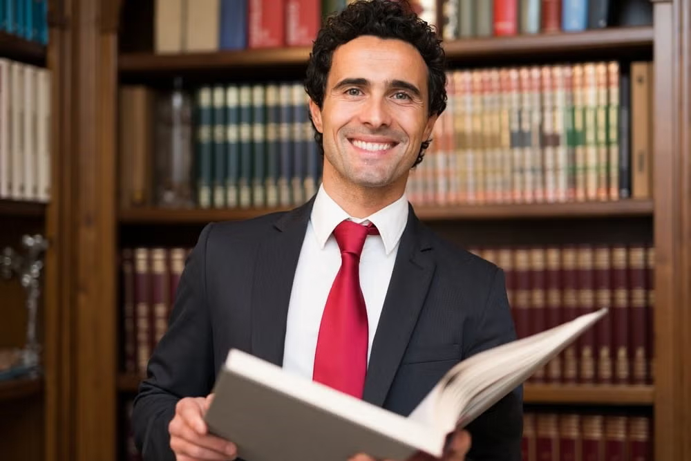 A lawyer in a suit smiles in front of a bookshelf full of law books, representing reasons to study law